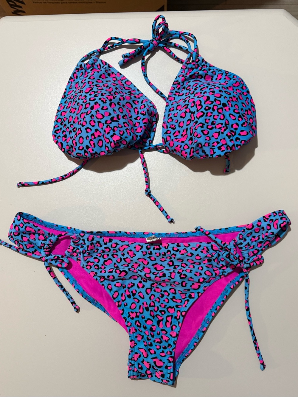 Blue & Pink Leopard Print String Bikini